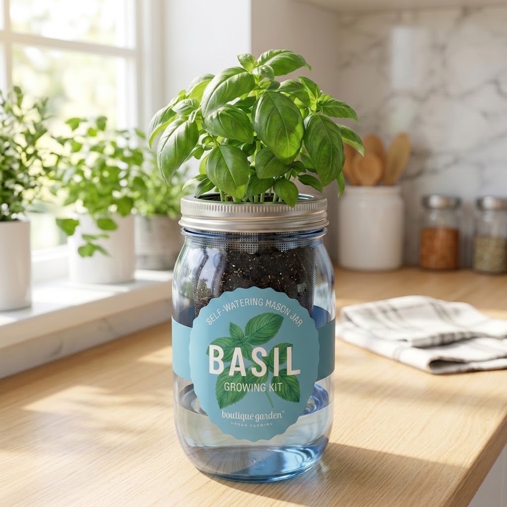 Self-watering basil growing kit on a kitchen counter
