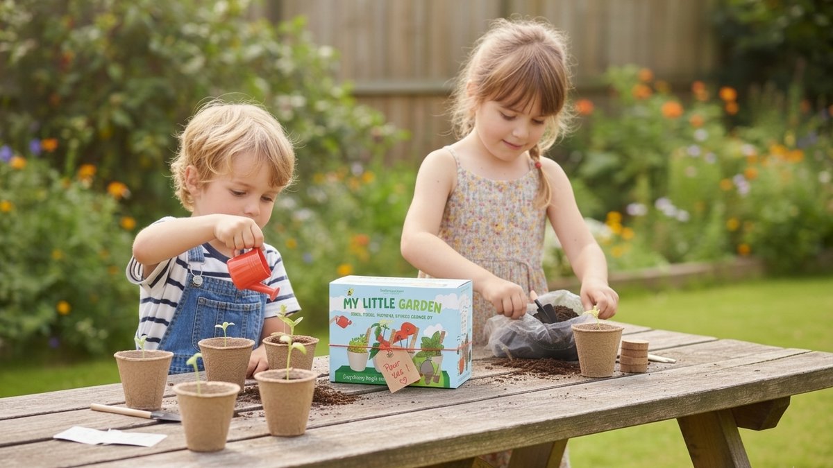 Two children planting a My Little Garden kids kit outdoors