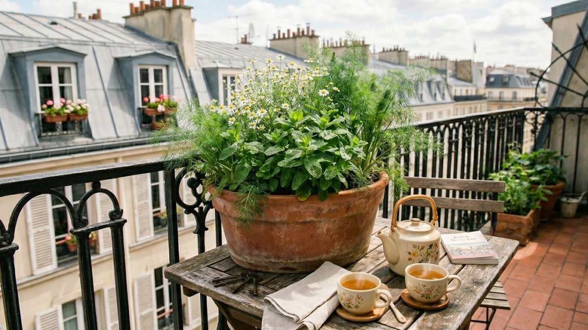 Herb growing kit on a balcony table set for tea