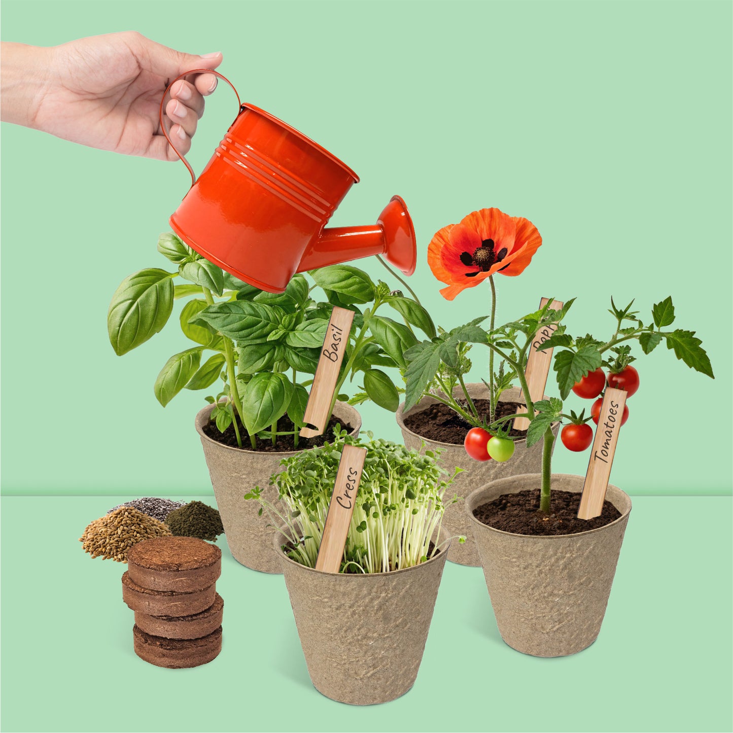 Main d'enfant plantant une graine dans un pot du kit de jardinage Boutique Garden.