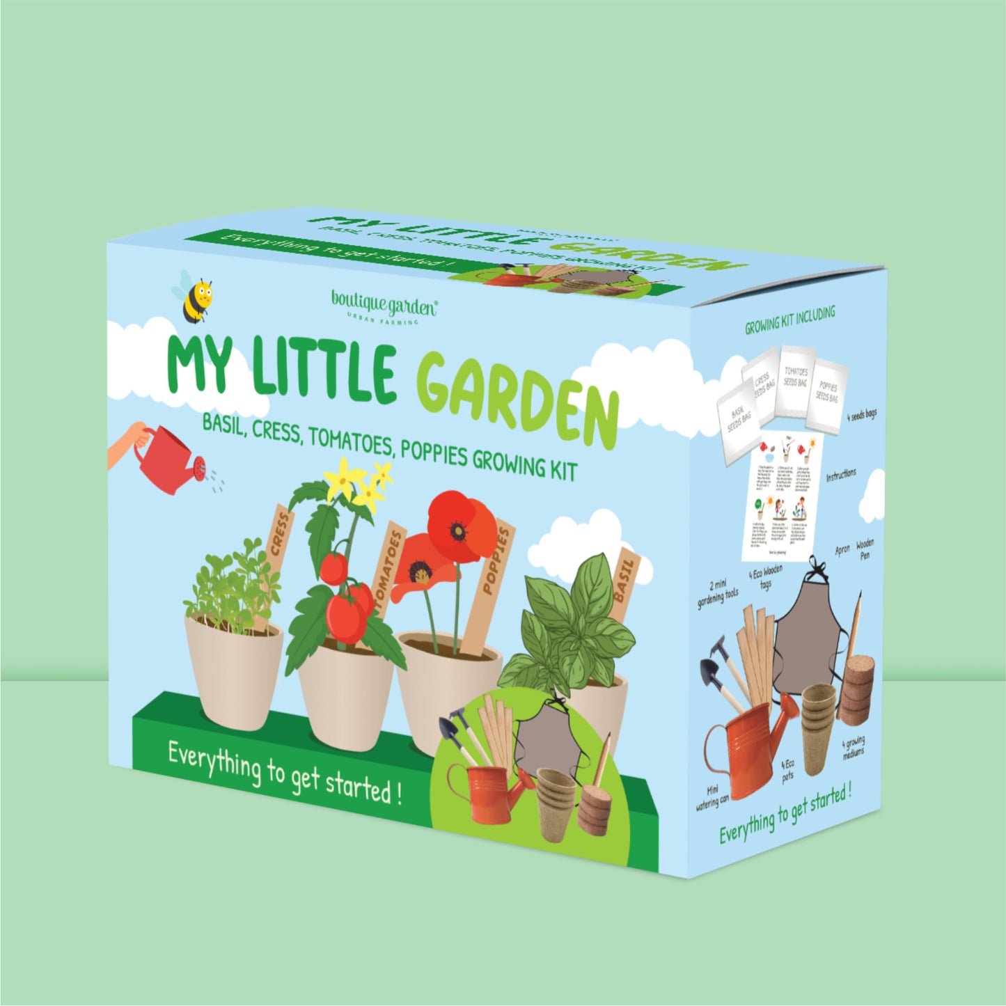 Packaging coloré et illustré du coffret jardinage pour enfant, une excellente idée de cadeau.
