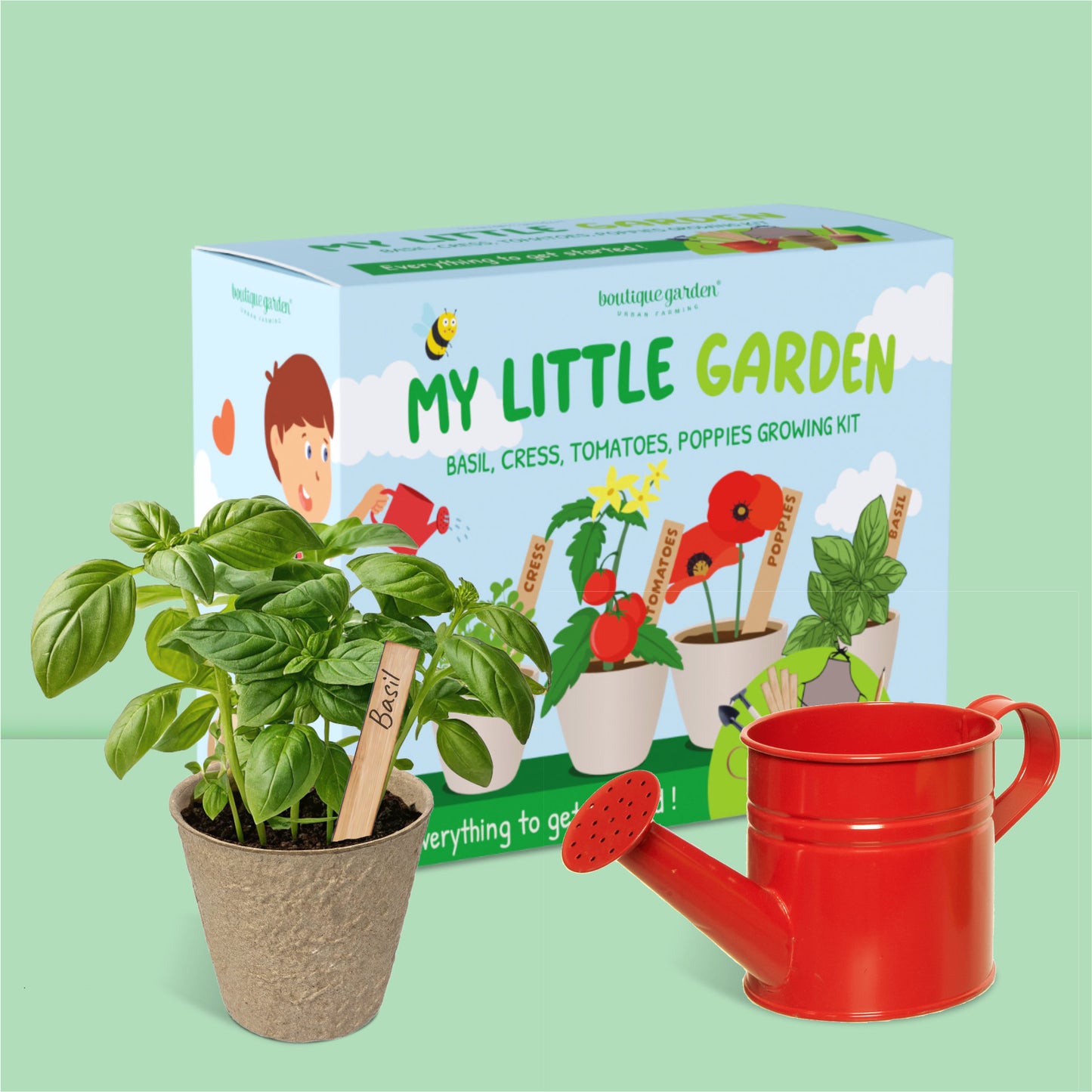 Kit jardinage enfant complet avec son packaging, le pot de culture et le petit arrosoir rouge.