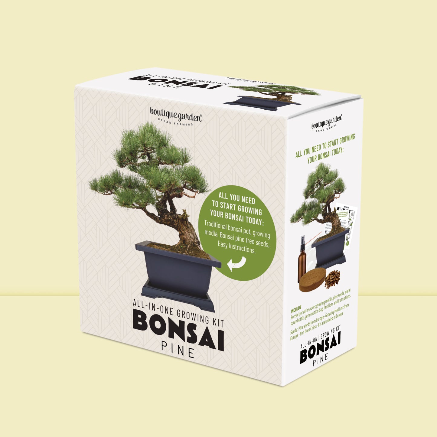 Packaging du kit bonsaï pour débutant. Coffret cadeau élégant pour l'art du bonsaï.