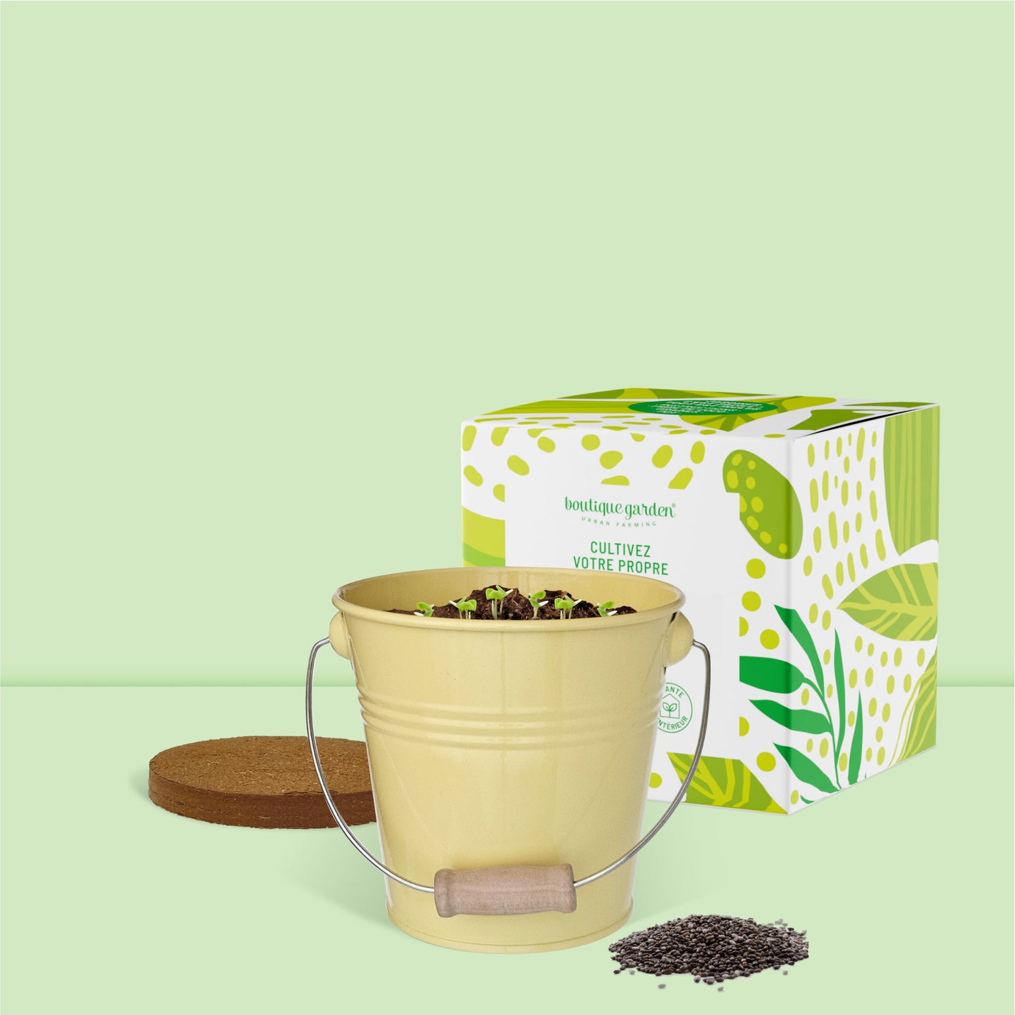 Contenu du kit jardinage prêt à pousser tournesol avec pot zinc vintage avec anse en bois