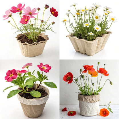 Exemple : Exemple de fleurs (cosmos, marguerites) écloses dans les pots du kit jardinage.