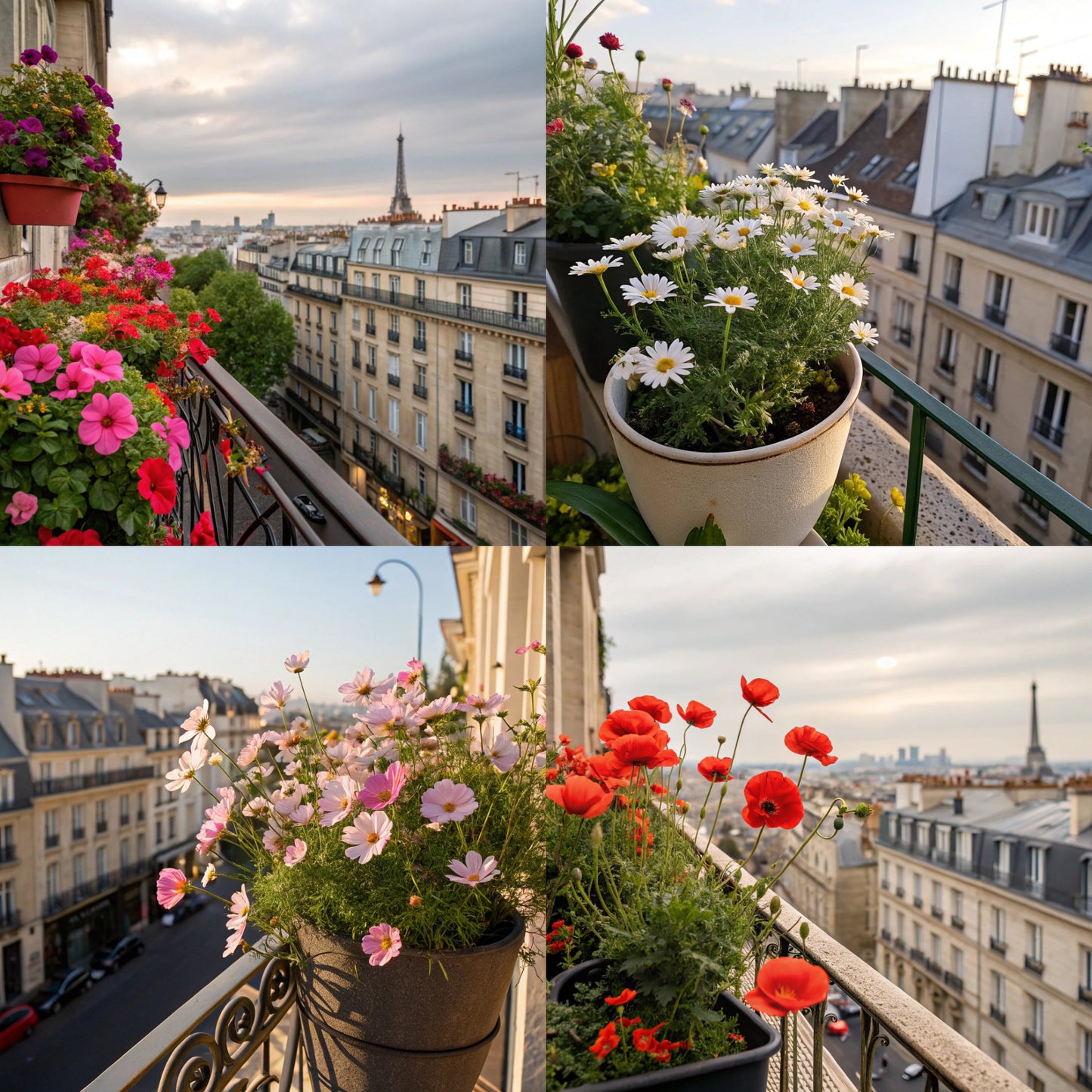 Exemple sur un balcon : Plusieurs pots du kit jardinage fleuris posés sur le rebord d'un balcon ensoleillé.