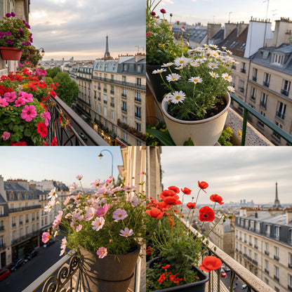 Exemple sur un balcon : Plusieurs pots du kit jardinage fleuris posés sur le rebord d'un balcon ensoleillé.