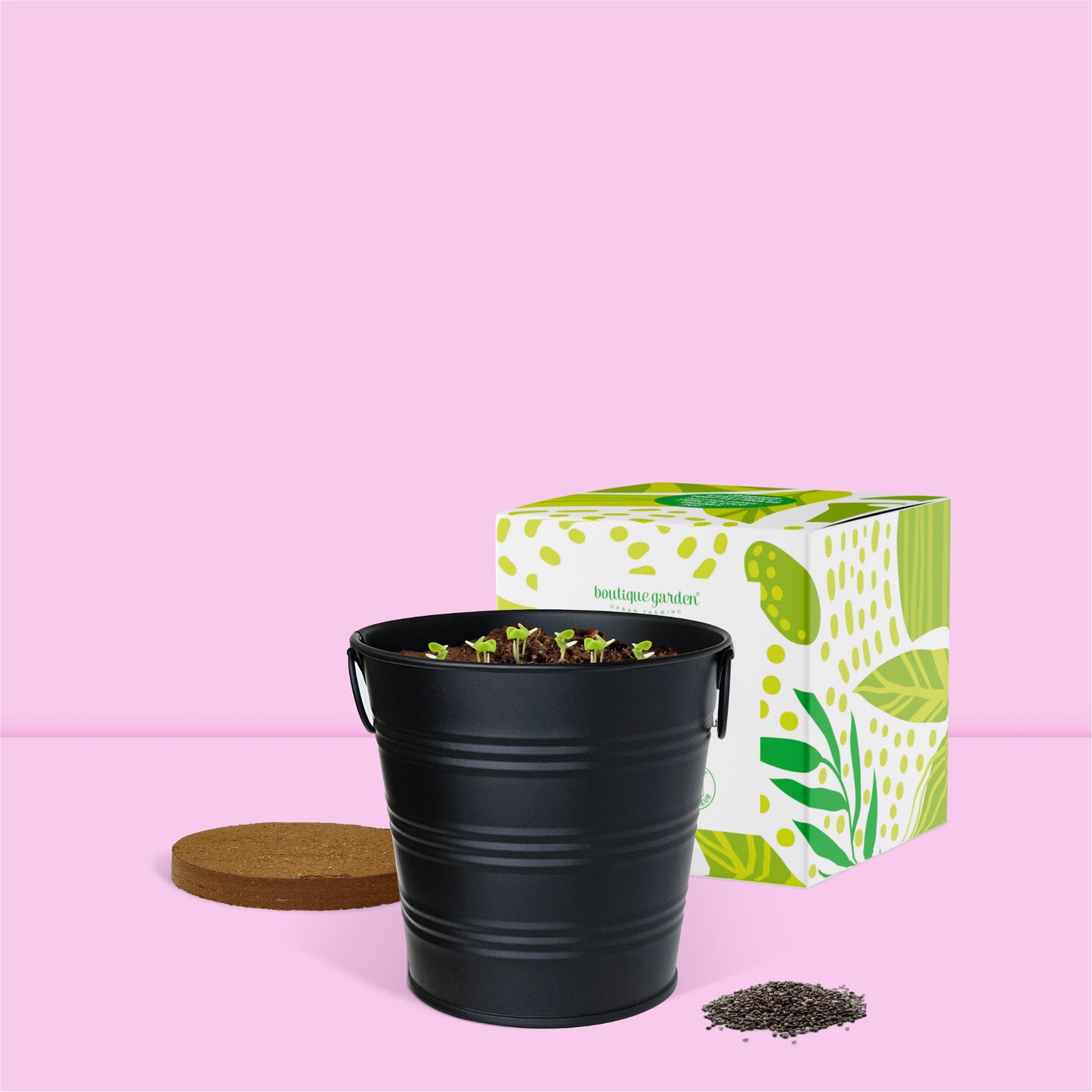 Contenu du Kit jardinage prêt à pousser herbes aromatiques menthe Boutique Garden avec pot zinc noir mate déco et emballage décoratif cadeau
