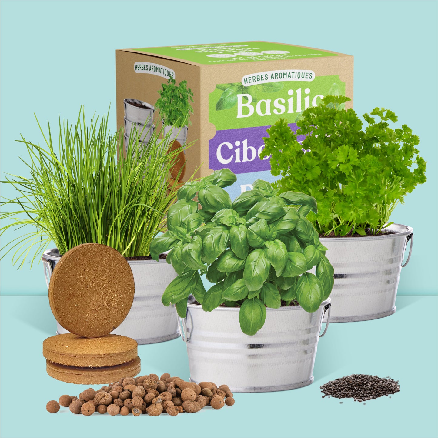Kit jardinage prêt à pousser herbes aromatiques avec pots, graines, substrat et billes d'argile