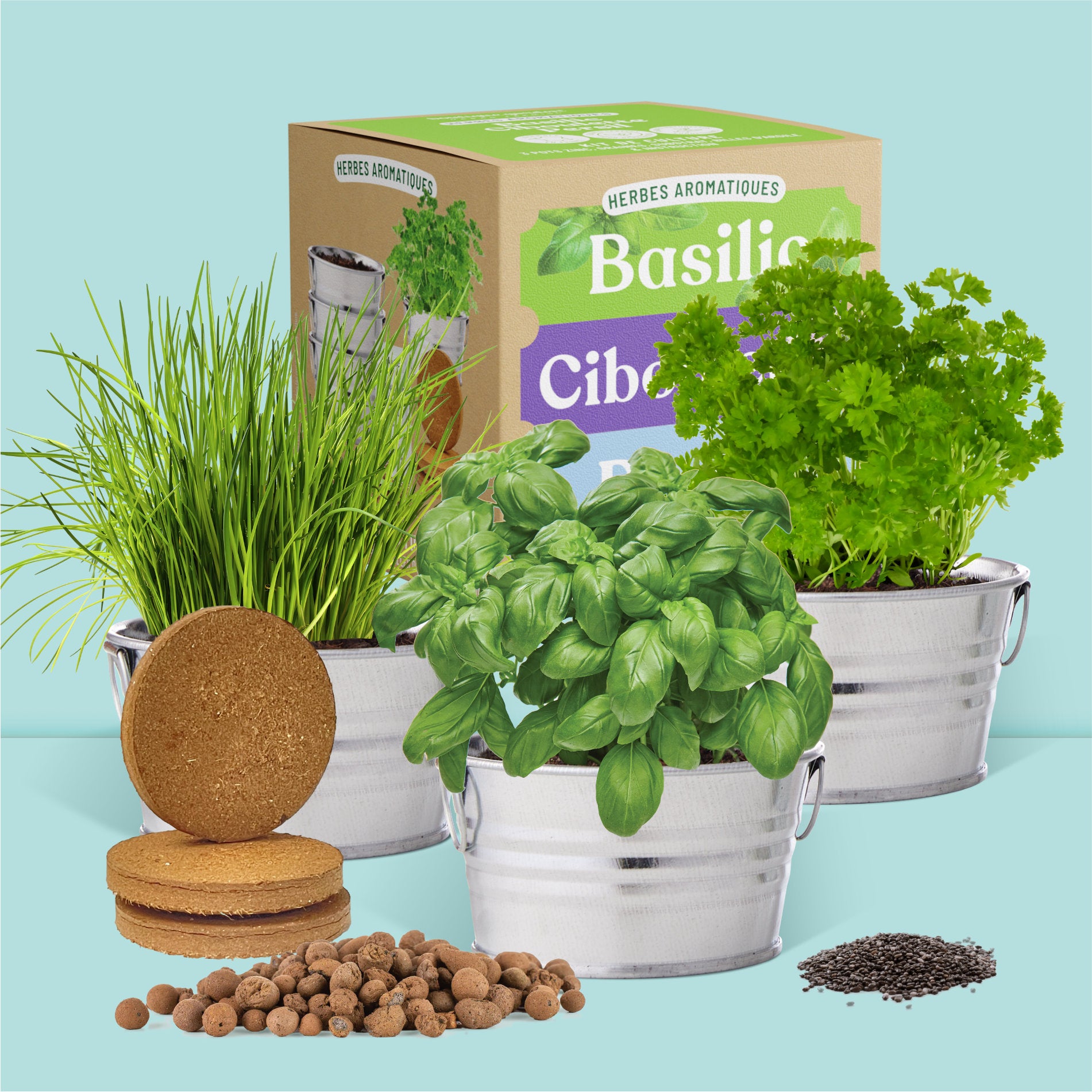 Kit jardinage prêt à pousser herbes aromatiques avec pots, graines, substrat et billes d'argile