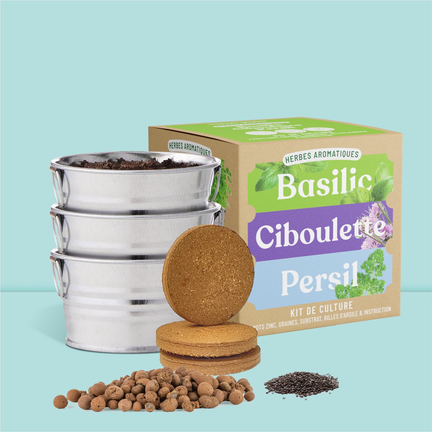 Coffret prêt à pousser herbes aromatiques avec pots, graines, billes d'argile, substrat et emballage cadeau décoratif